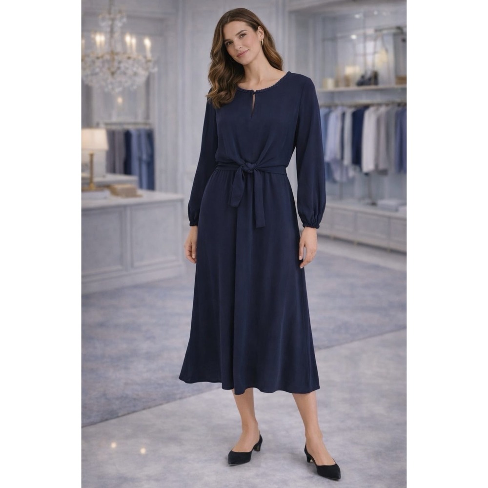 KOBI HALPERIN 100% SILK Midi Dress Women's Size XL Faux Wrap Knotted Navy KF9D26
